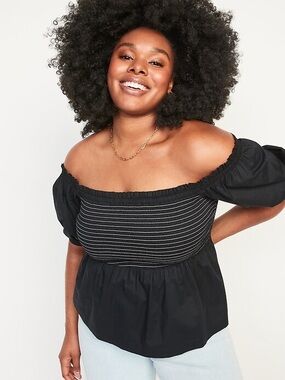 NWT Old Navy Off The Shoulder Smocked Babydoll Swing Puff Sleeve Top Black 2X